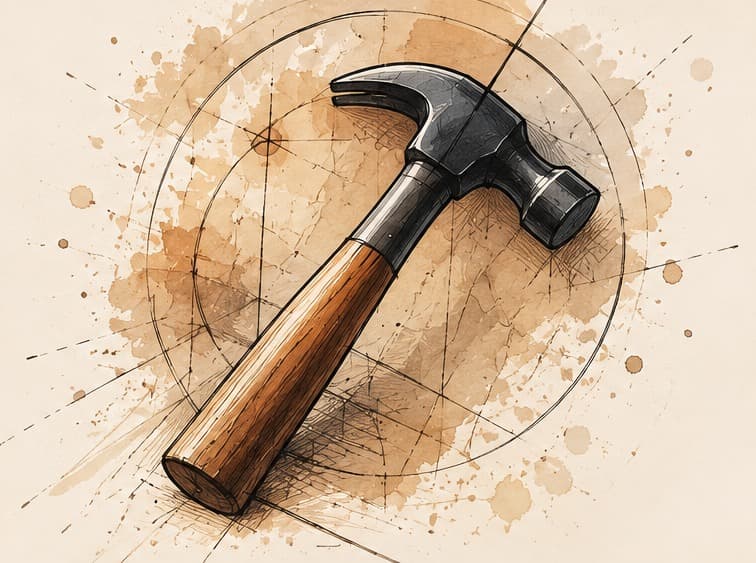 Un marteau dessiné à l’encre et à l’aquarelle sur des traits de construction.